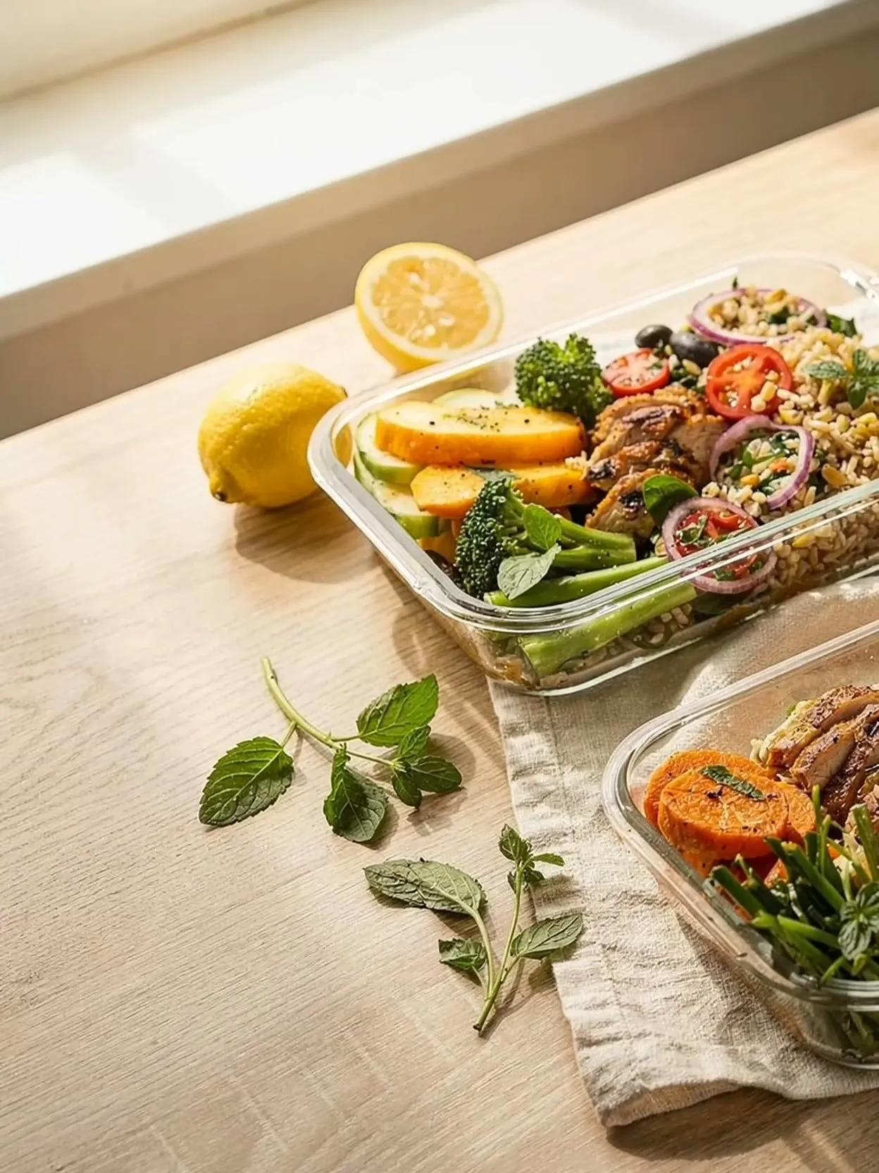 A week of fresh meals in glass containers on a wooden table